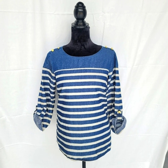 The Limited chambray striped Top Size Small 100% cotton 3/4 Sleeve Blue Women's - Picture 1 of 9
